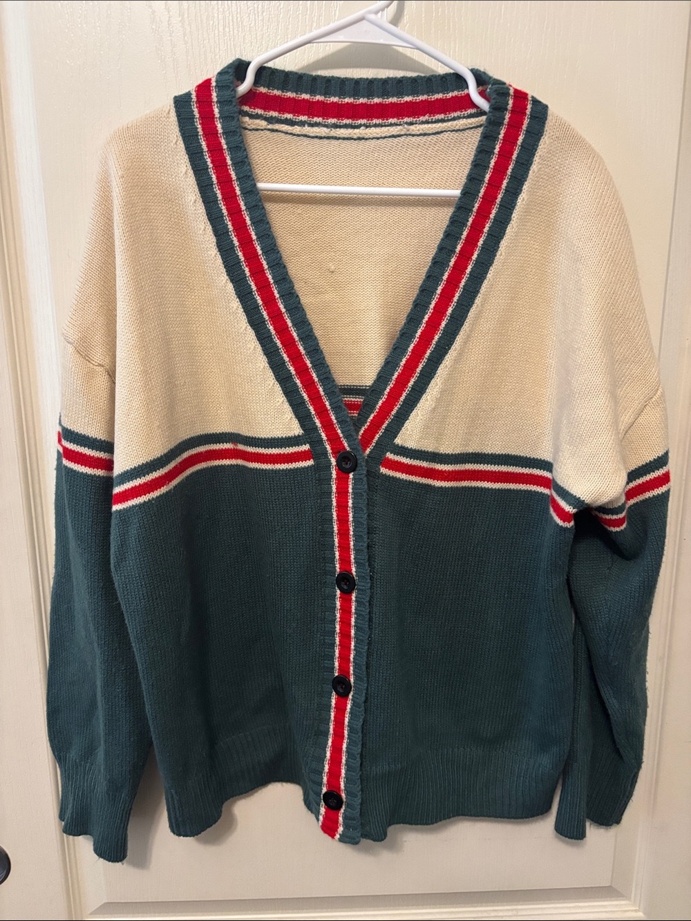 Cream and Teal Striped V-Neck Cardigan Sweater